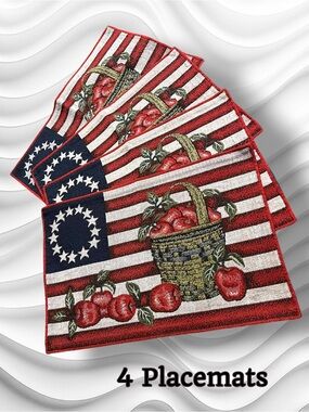 Set of 4 Patriotic Stars Stripes Tapestry American Flag Apple Basket Placemats